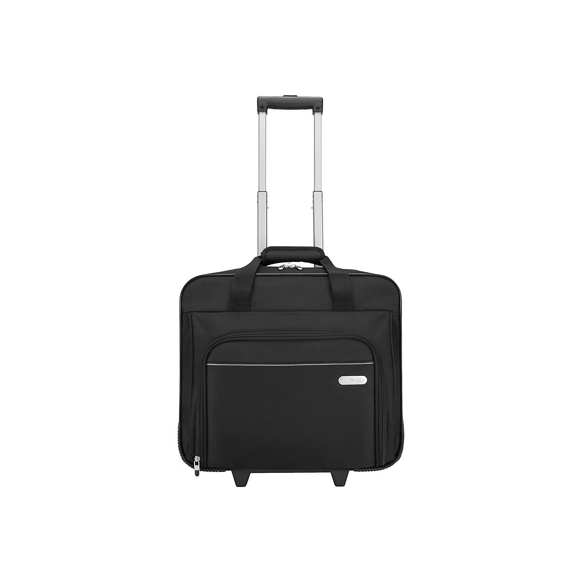 Schwarzer Trolley vor weißem Hintergrund. Mit ausziehbarem Griff und kleinen Rollen.