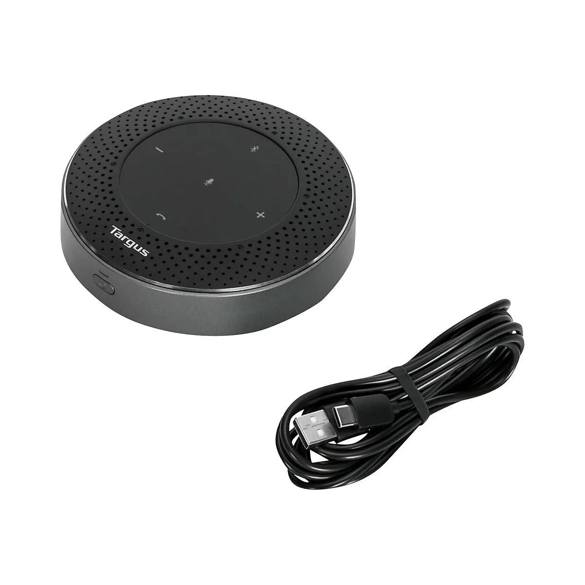 Schwarze, runde Targus Konferenz-Freisprecheinrichtung mit Touch-Bedienfeld und beiliegendem USB-Ladekabel.