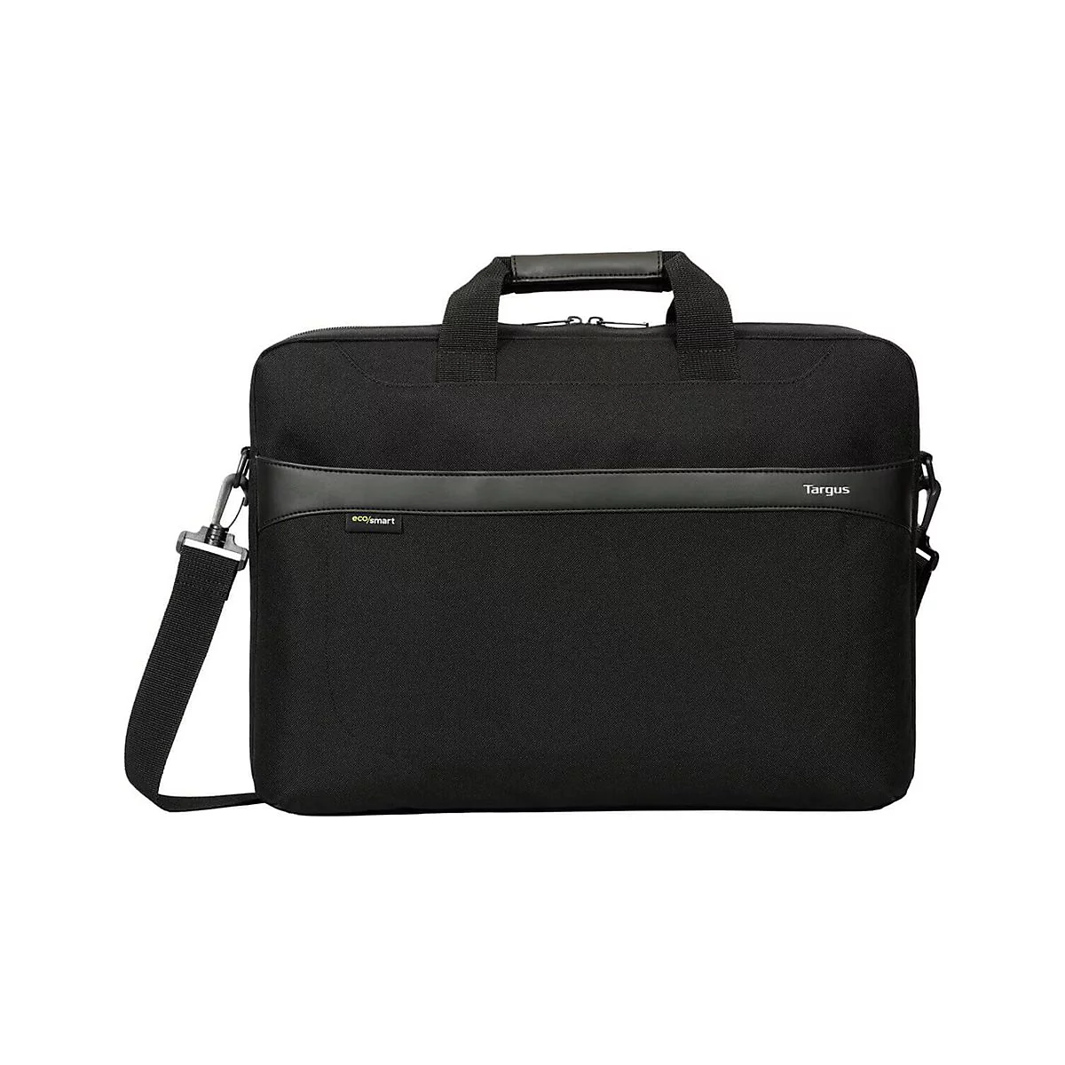 Schwarze Laptoptasche mit Tragegriff und Schultergurt. Auf der Tasche ist "Targus" und "eco/smart" zu lesen.