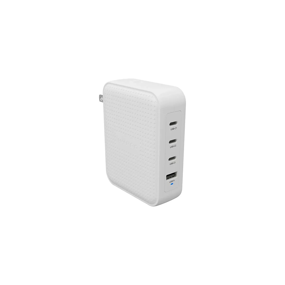 Ein weißes Ladegerät mit mehreren USB-Anschlüssen. Oben ist ein Markenname zu sehen.