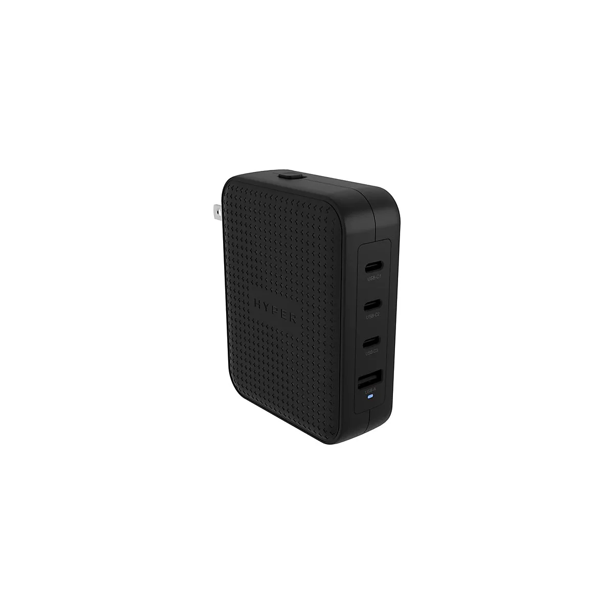 Schwarzes USB-Ladegerät mit USB-C und USB-A Anschlüssen. Der Aufdruck "HYPER" ist auf der Vorderseite zu sehen.