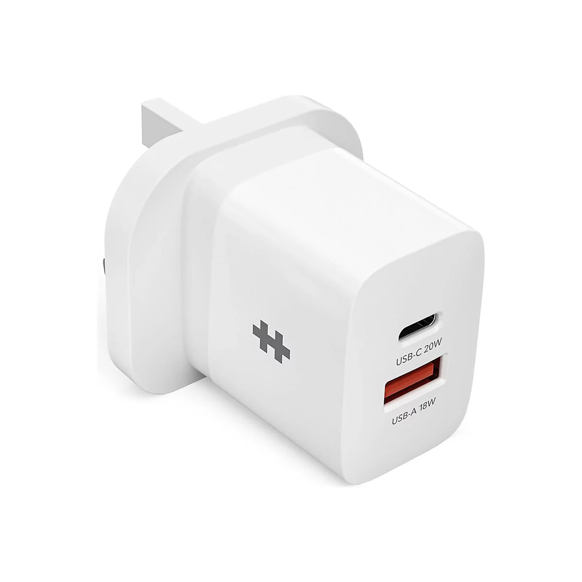 Weißes Ladegerät mit UK-Stecker, zwei Anschlüssen: USB-C 20W und USB-A 18W. Auf der Oberfläche ein stilisierter Kreuz-Button.