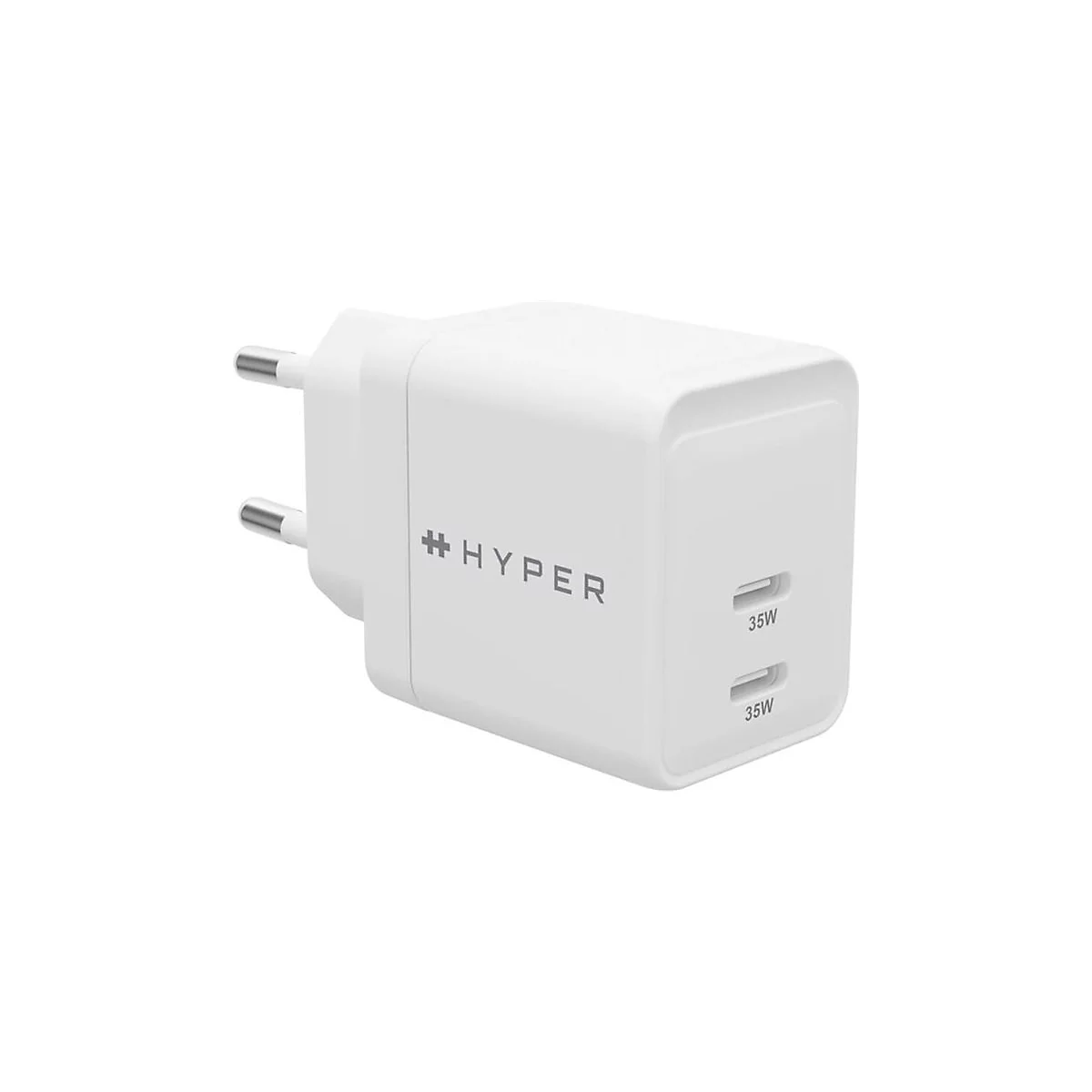 Weißes Ladegerät mit dem Text #HYPER und zwei 35W Anschlüssen.