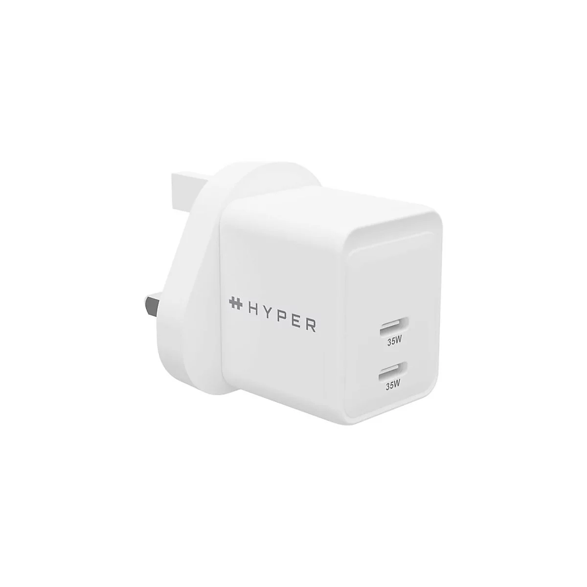 Weißes Ladegerät mit dem Schriftzug #HYPER und zwei 35W Anschlüssen.
