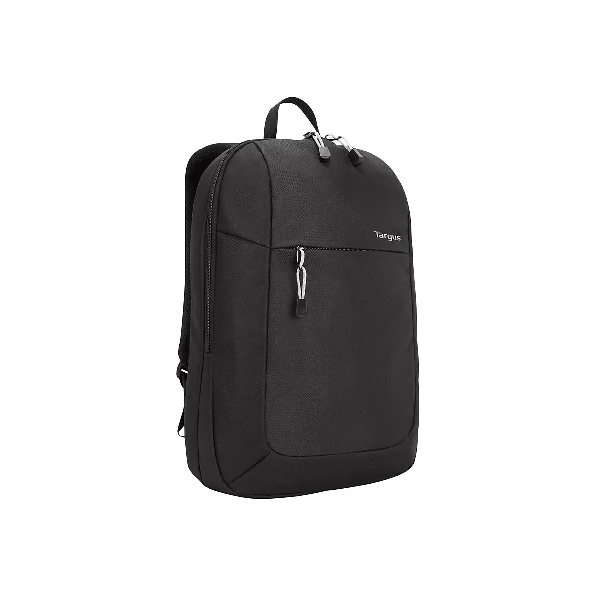 Schwarzer Rucksack mit Reißverschlüssen, Henkel und dem Schriftzug Targus. Auf weißem Hintergrund.