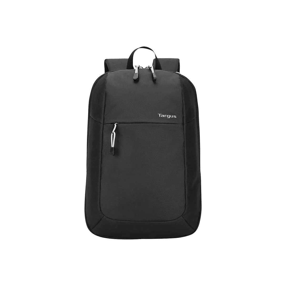 Schwarzer Rucksack mit Reißverschluss, Tragegriff und dem Schriftzug Targus. Der Rucksack steht vor weißem Hintergrund.