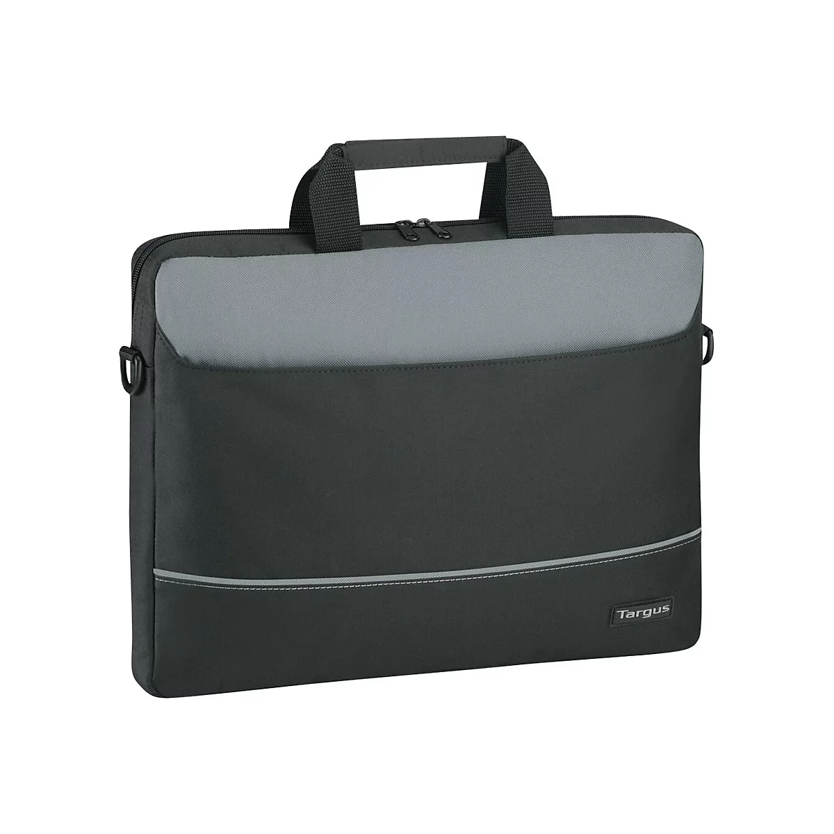 Schwarze Laptoptasche mit grauem Akzent, Tragegriff und Reißverschluss. Unten Logo "Targus".