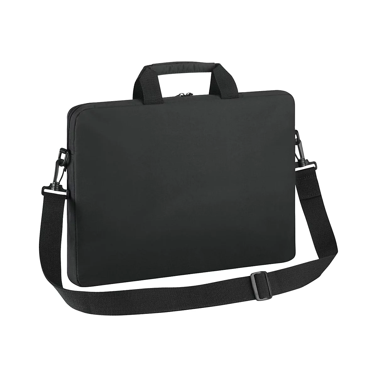 Schwarze Laptoptasche mit Tragegriff und Schultergurt, vor weißem Hintergrund.