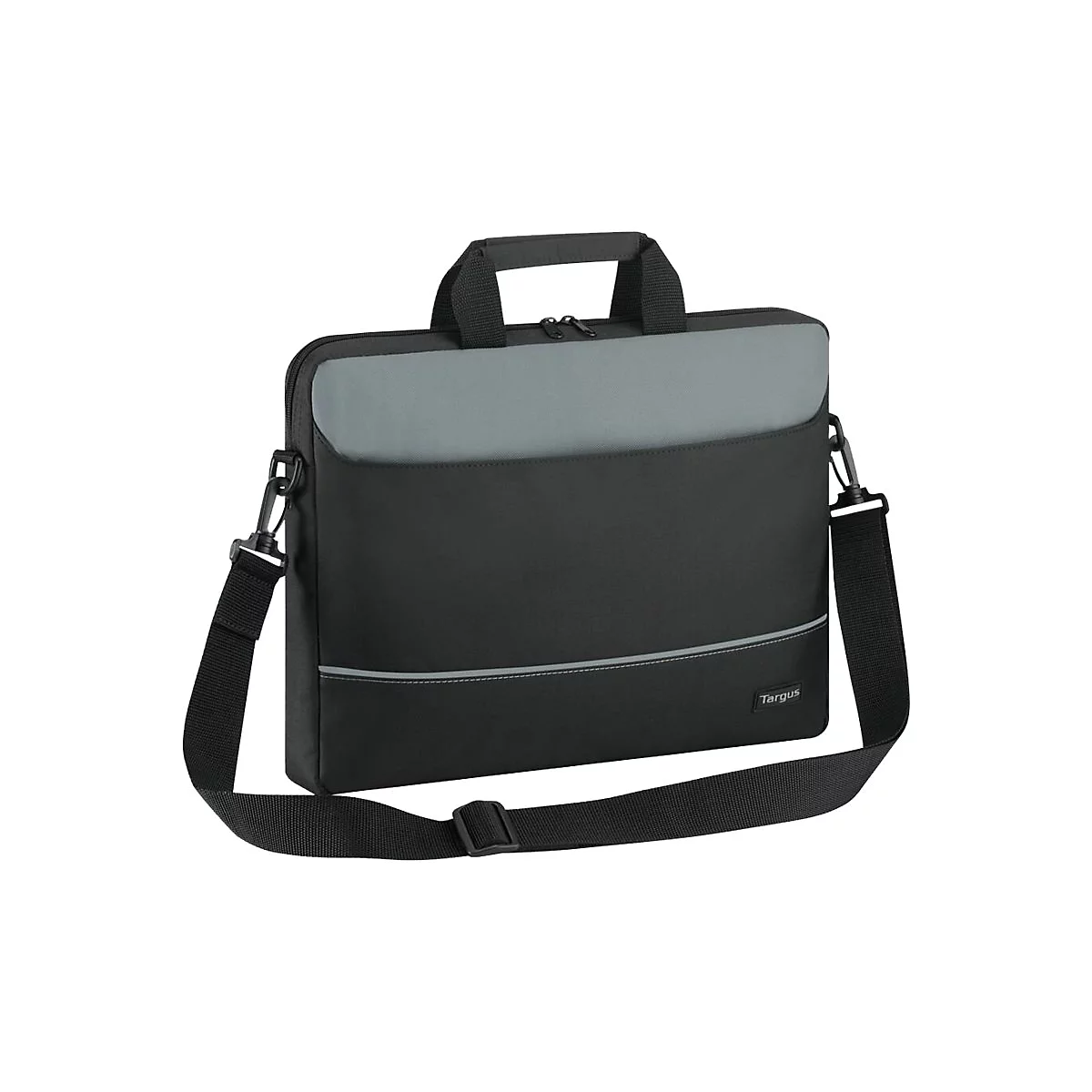 Schwarze Laptop-Tasche mit grauem Einsatz. Mit Tragegriff und Schultergurt. Auf der Tasche steht 'Targus'.