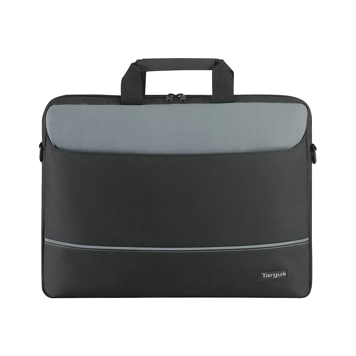 Schwarze Laptoptasche mit grauem Akzent, Tragegriff und Reißverschluss. Das Logo 'Targus' ist unten rechts platziert.