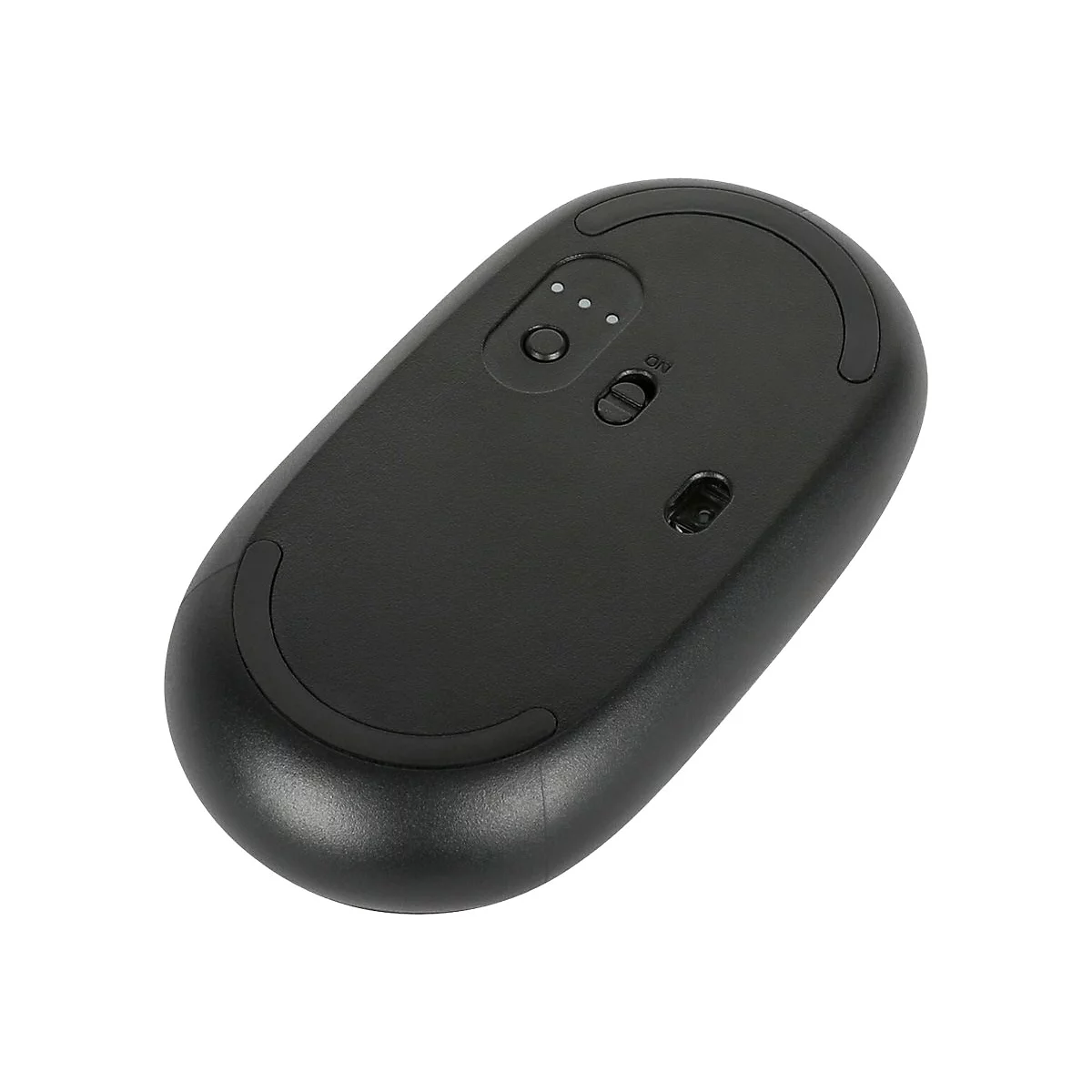 Draufsicht auf eine schwarze Computermaus. Auf der Unterseite sind ein Ein-/Ausschalter, eine Batteriestatusanzeige und ein Sensor zu sehen.