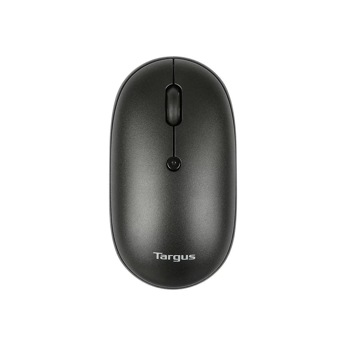 Drahtlose schwarze Maus, oben zu sehen, mit zwei Tasten, Scrollrad und Targus-Logo.