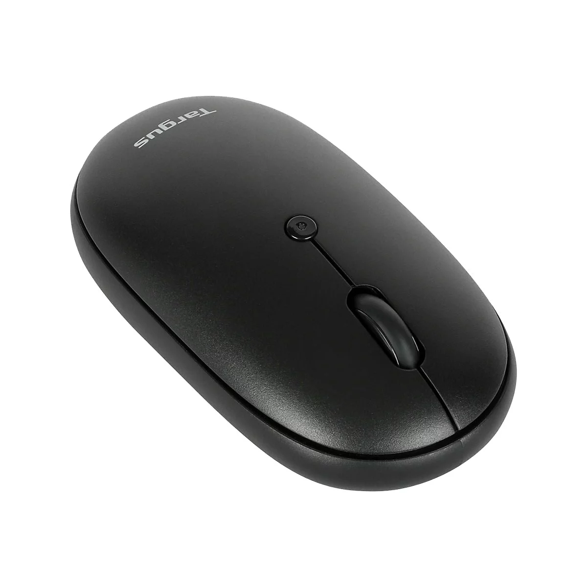 Schwarze, ovale Computermaus mit zwei Tasten, einem Scrollrad und dem Targus-Logo. Der Hintergrund ist weiß.