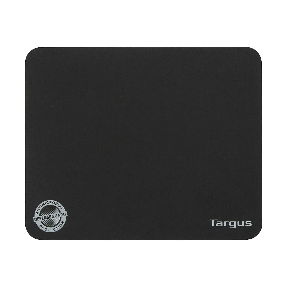 Schwarzes rechteckiges Mauspad mit abgerundeten Ecken, Targus-Logo und Antimicrobial DefenseGuard Siegel.