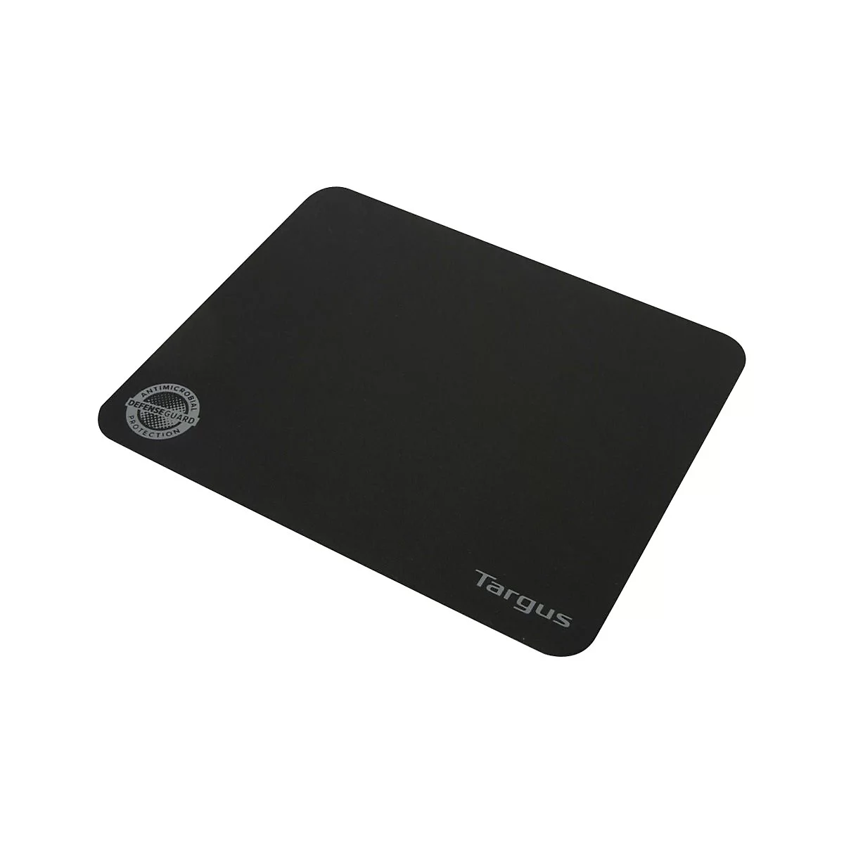 Schwarzes Targus Mauspad mit abgerundeten Ecken und Antimicrobial Defense Guard Logo.