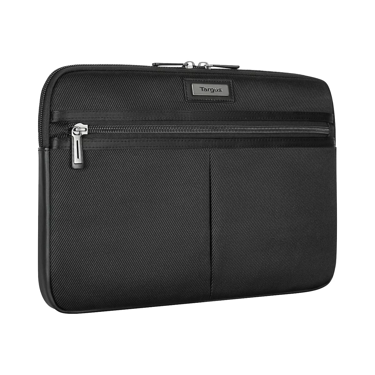 Schwarze Laptoptasche mit Reißverschluss, Markenlogo 'Targus'.