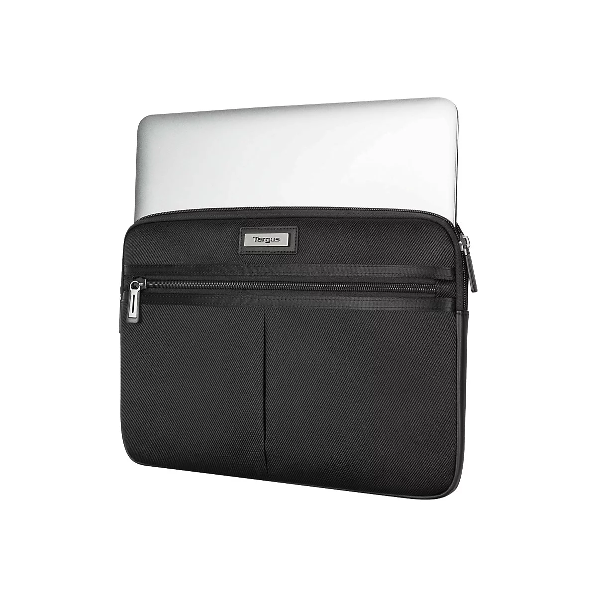 Schwarze Laptoptasche mit einem silbernen Laptop. Auf der Tasche steht "Targus".
