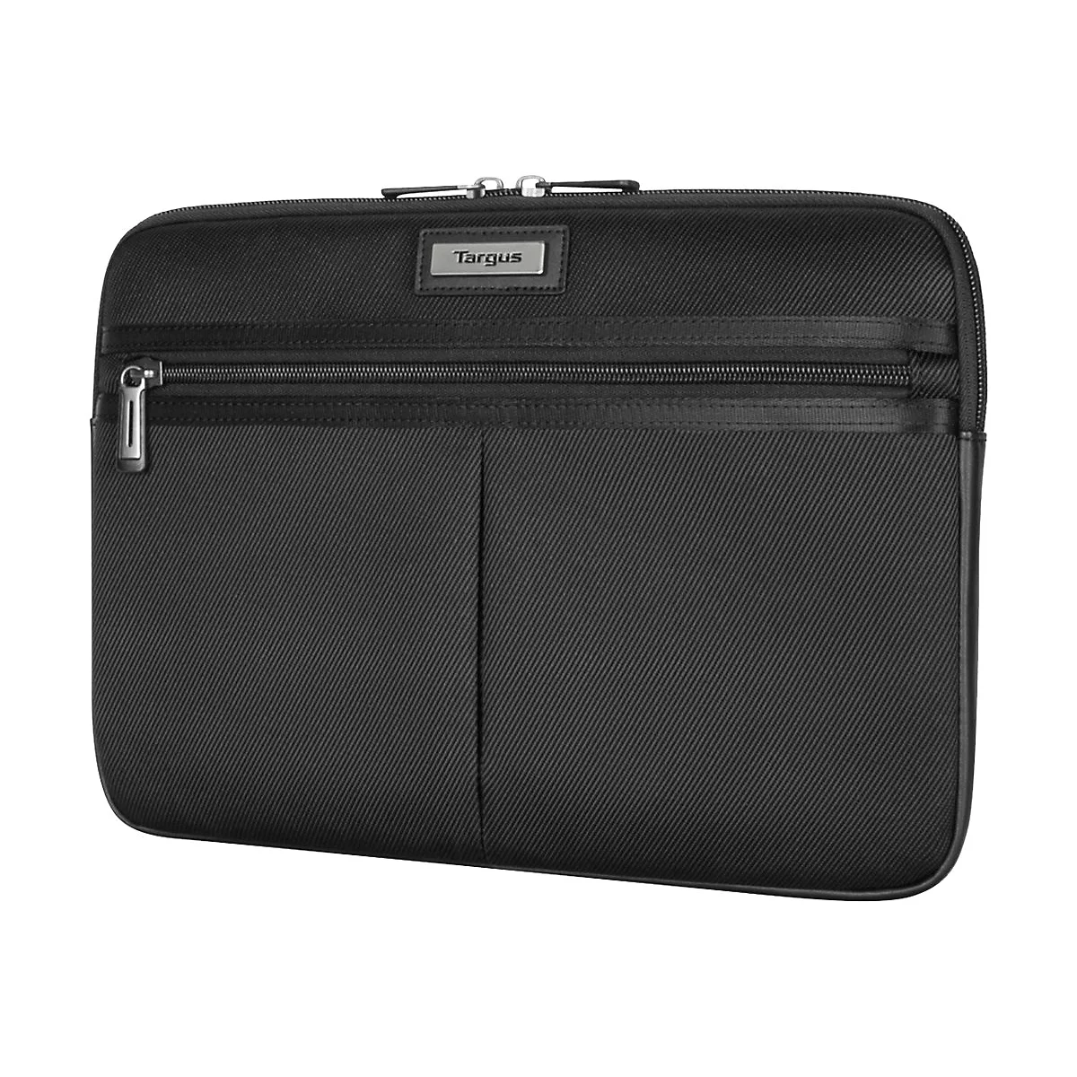 Schwarze Laptoptasche mit Reißverschluss, Markenlogo Targus.