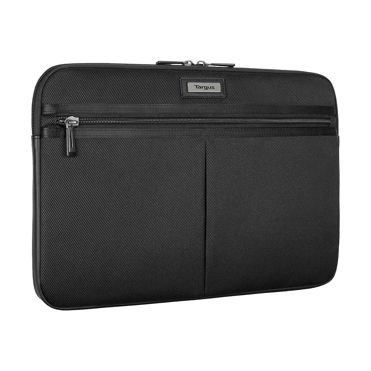 Schwarze Targus Laptoptasche mit Reißverschluss, Logo und diagonalem Muster.