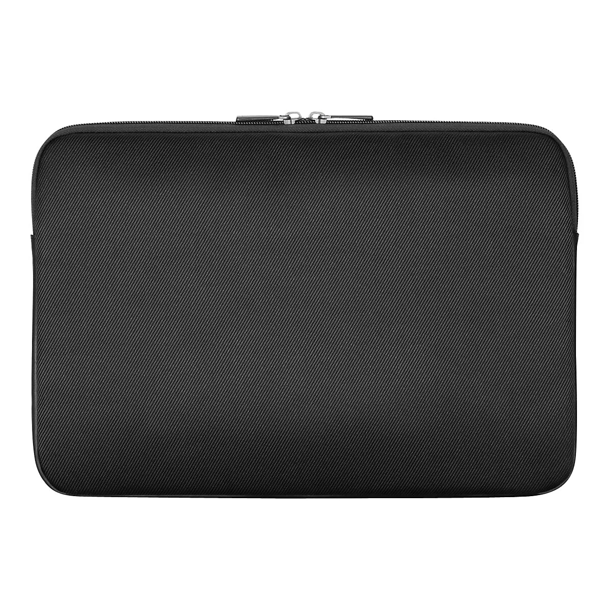 Schwarze Laptoptasche mit diagonalem Muster, Reißverschluss.