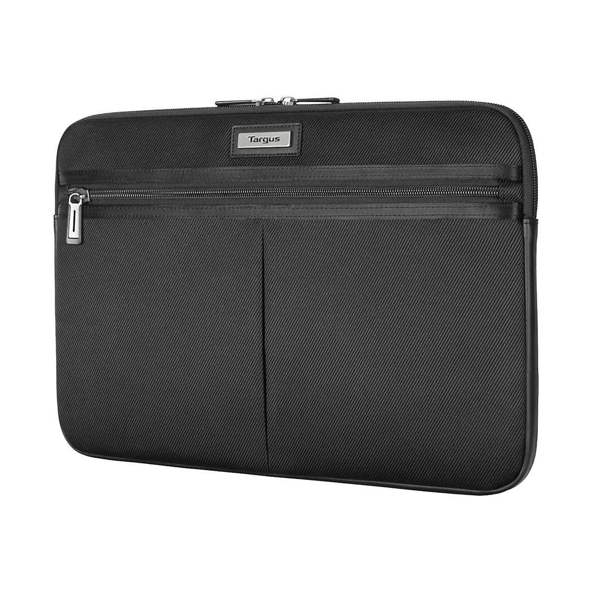 Schwarze Laptoptasche mit Reißverschluss, Markenlogo 'Targus'.