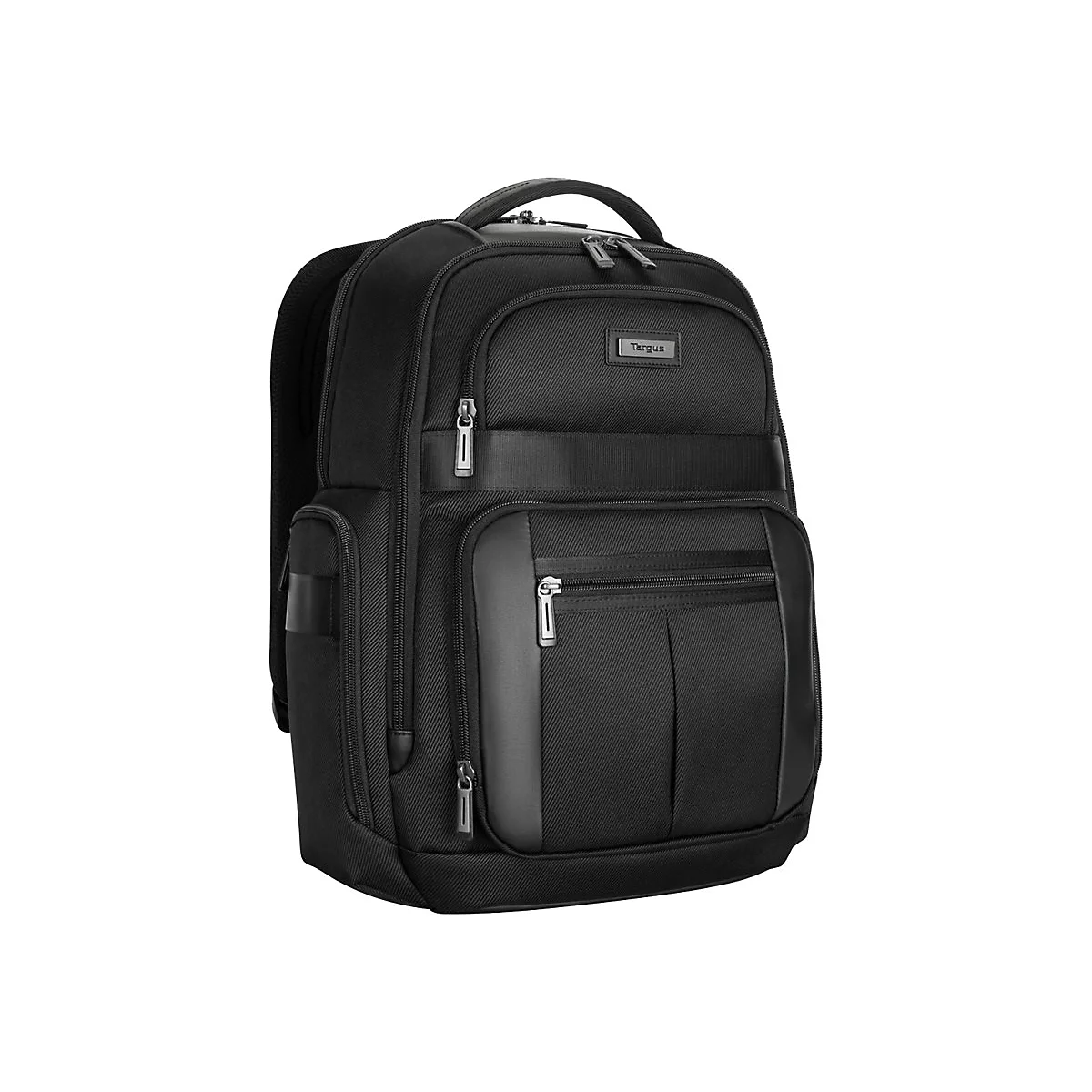 Schwarzer Rucksack mit mehreren Fächern und Reißverschlüssen, Marke Targus.