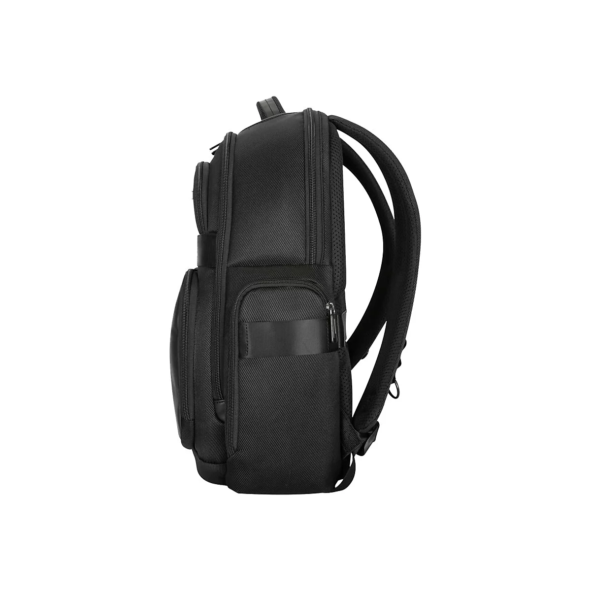 Schwarzer Rucksack mit mehreren Fächern und gepolsterten Trägern, Seitenansicht.