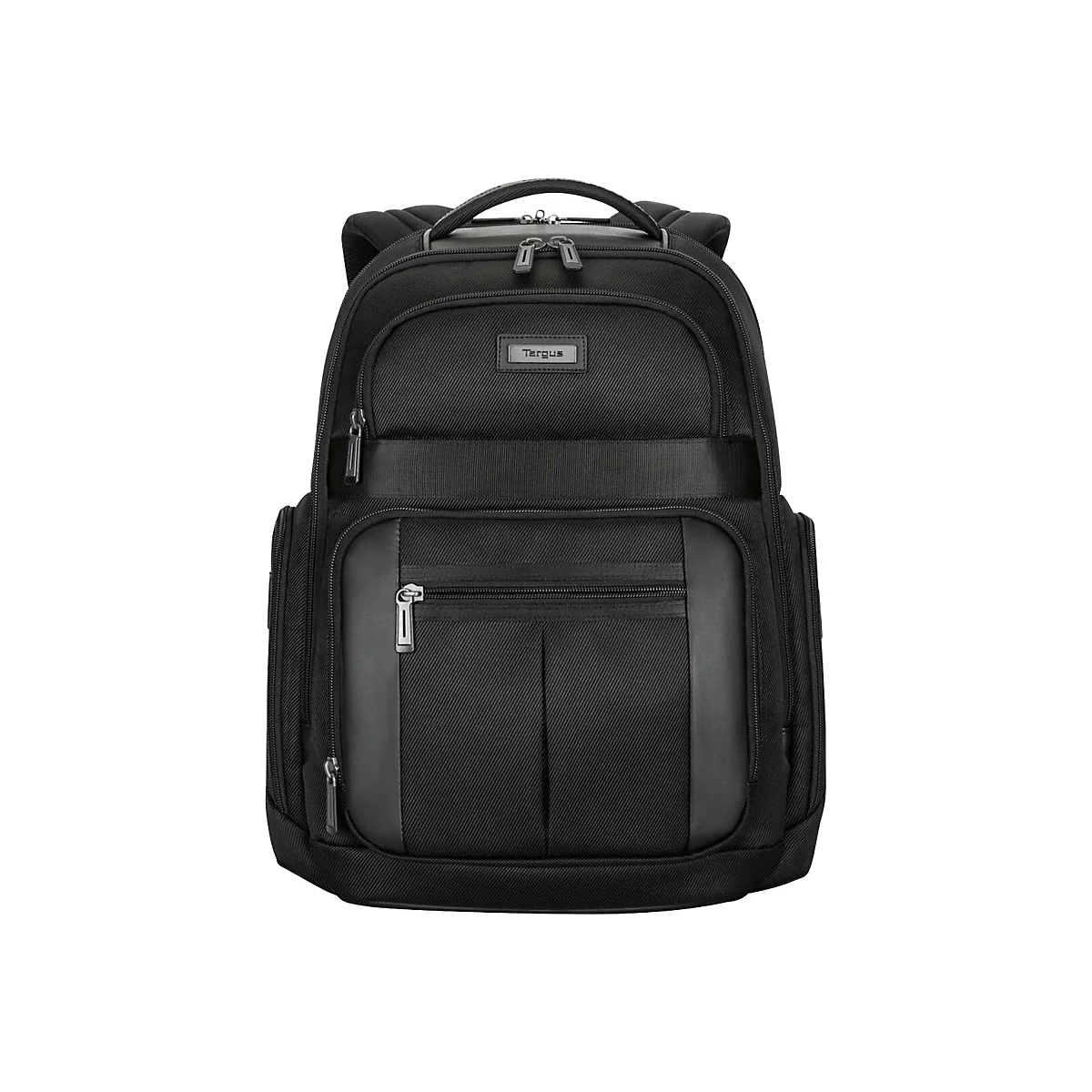 Schwarzer Rucksack mit mehreren Fächern und Reißverschlüssen, Marke Targus.