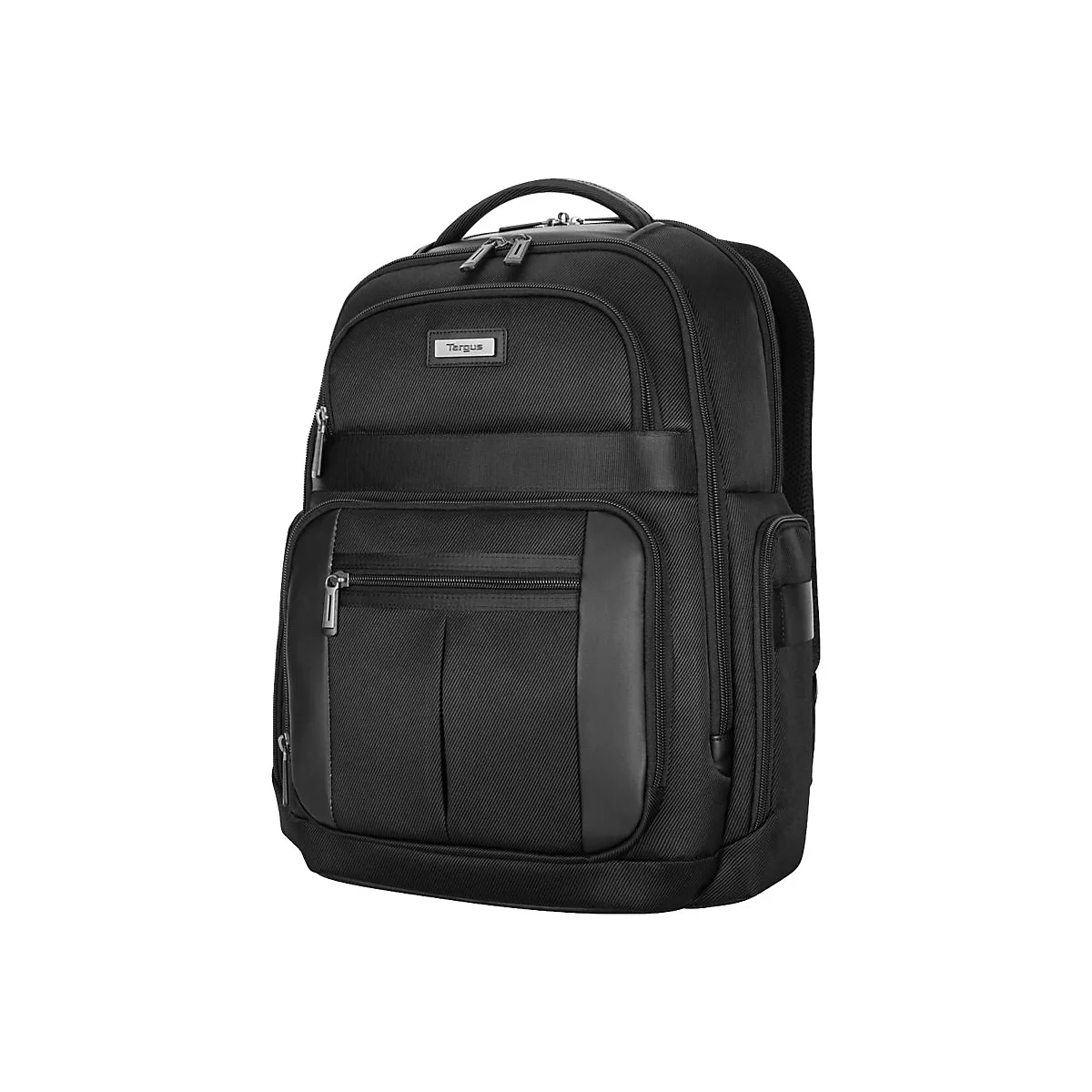 Schwarzer Rucksack mit mehreren Fächern und Reißverschlüssen, Marke Targus. Auf weißem Hintergrund.