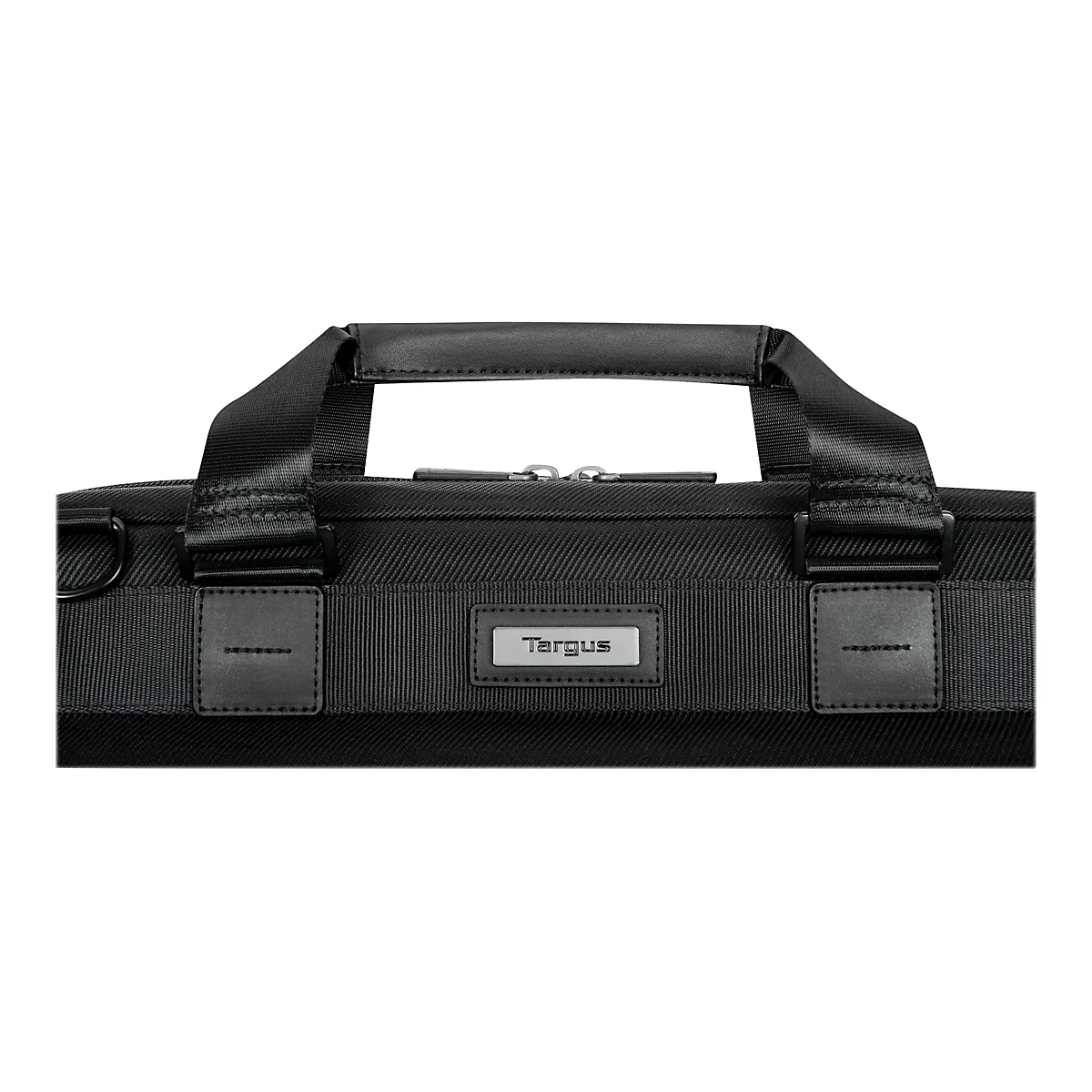 Schwarze Laptoptasche mit Tragegriff und Schultergurten, Targus-Logo. Der Hintergrund ist weiß.
