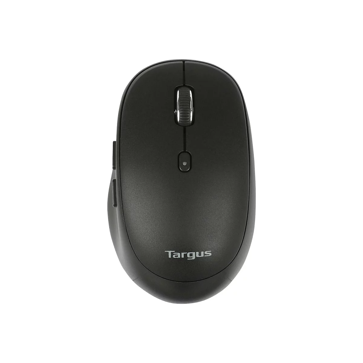 Drahtlose schwarze Maus von Targus. Oben: Scrollrad, Taste. Unten: Targus Schriftzug.