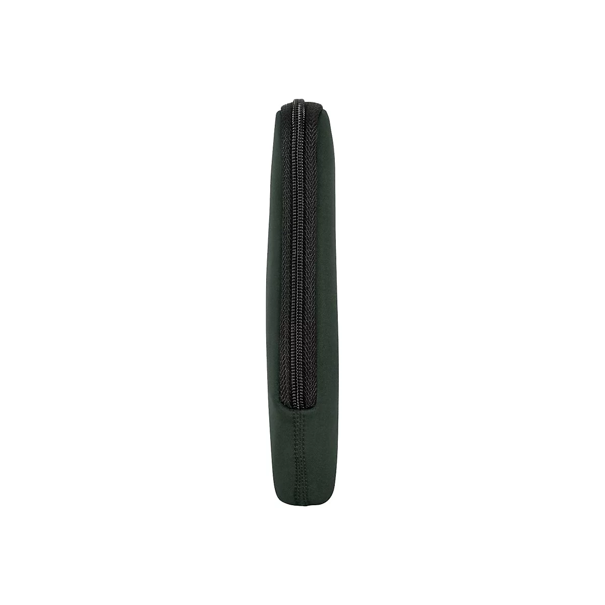 Housse d'ordinateur portable vert foncé avec fermeture éclair noire, isolée sur fond blanc.