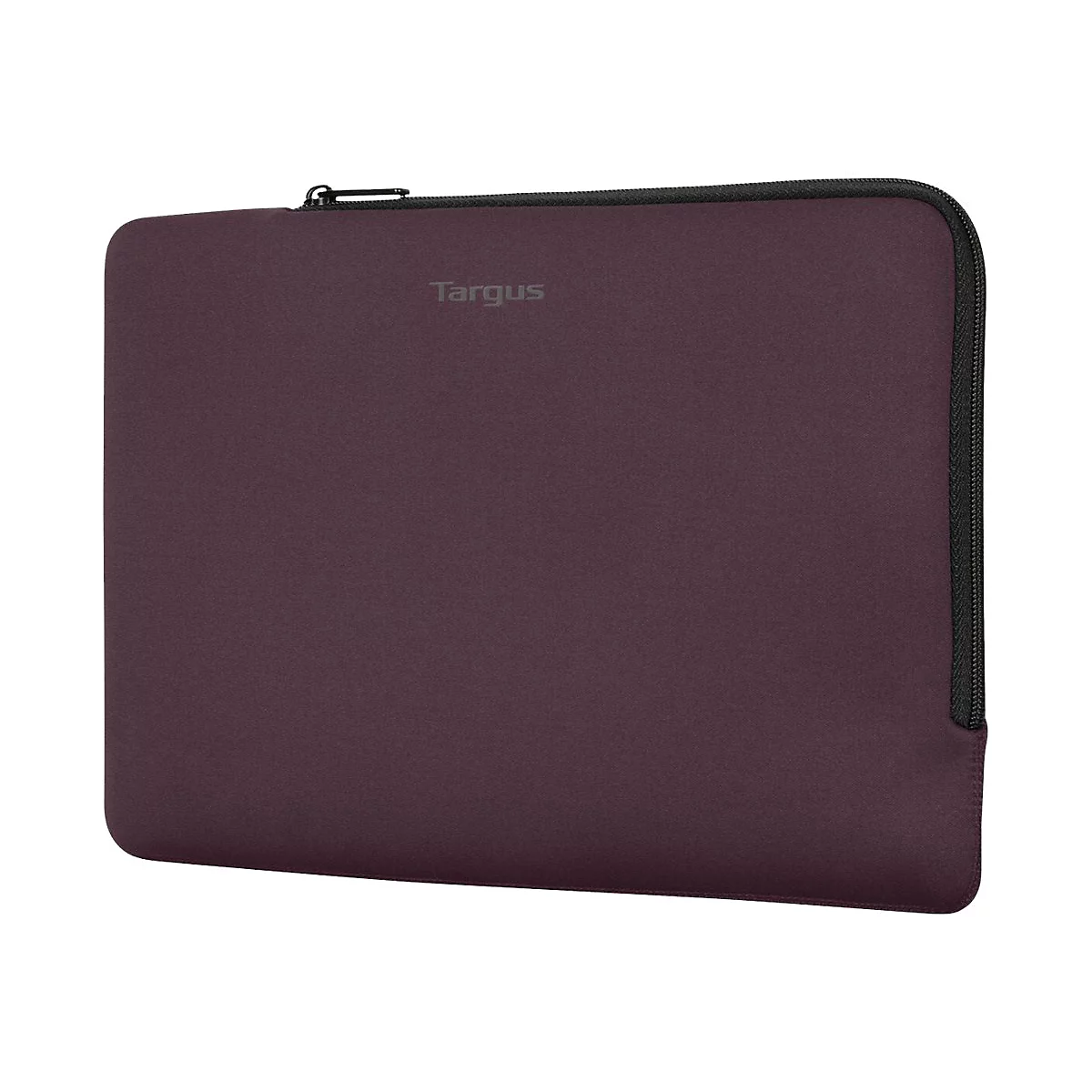 Dunkelviolette Targus Laptoptasche mit schwarzem Reißverschluss vor weißem Hintergrund.