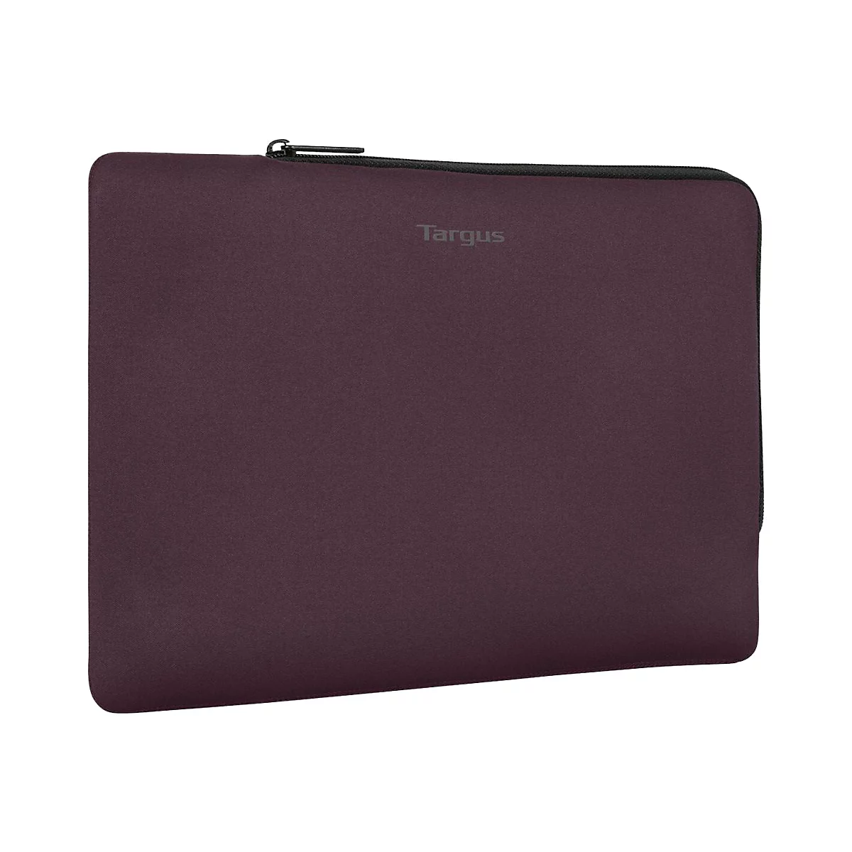 Eine dunkelviolette Targus Laptoptasche mit schwarzem Reißverschluss vor weißem Hintergrund.