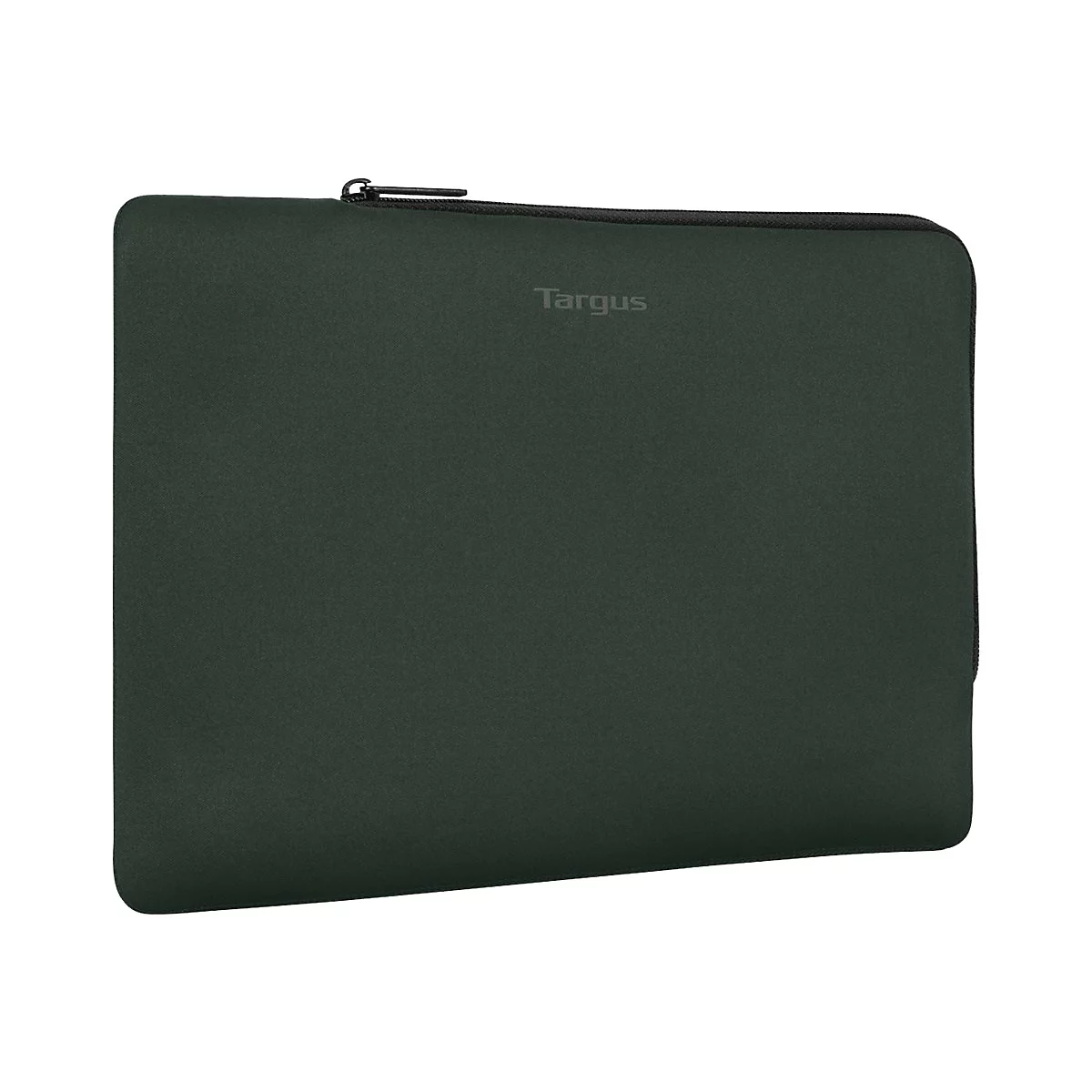 Dunkelgrüne Targus-Laptoptasche, mit Reißverschluss, auf weißem Hintergrund.