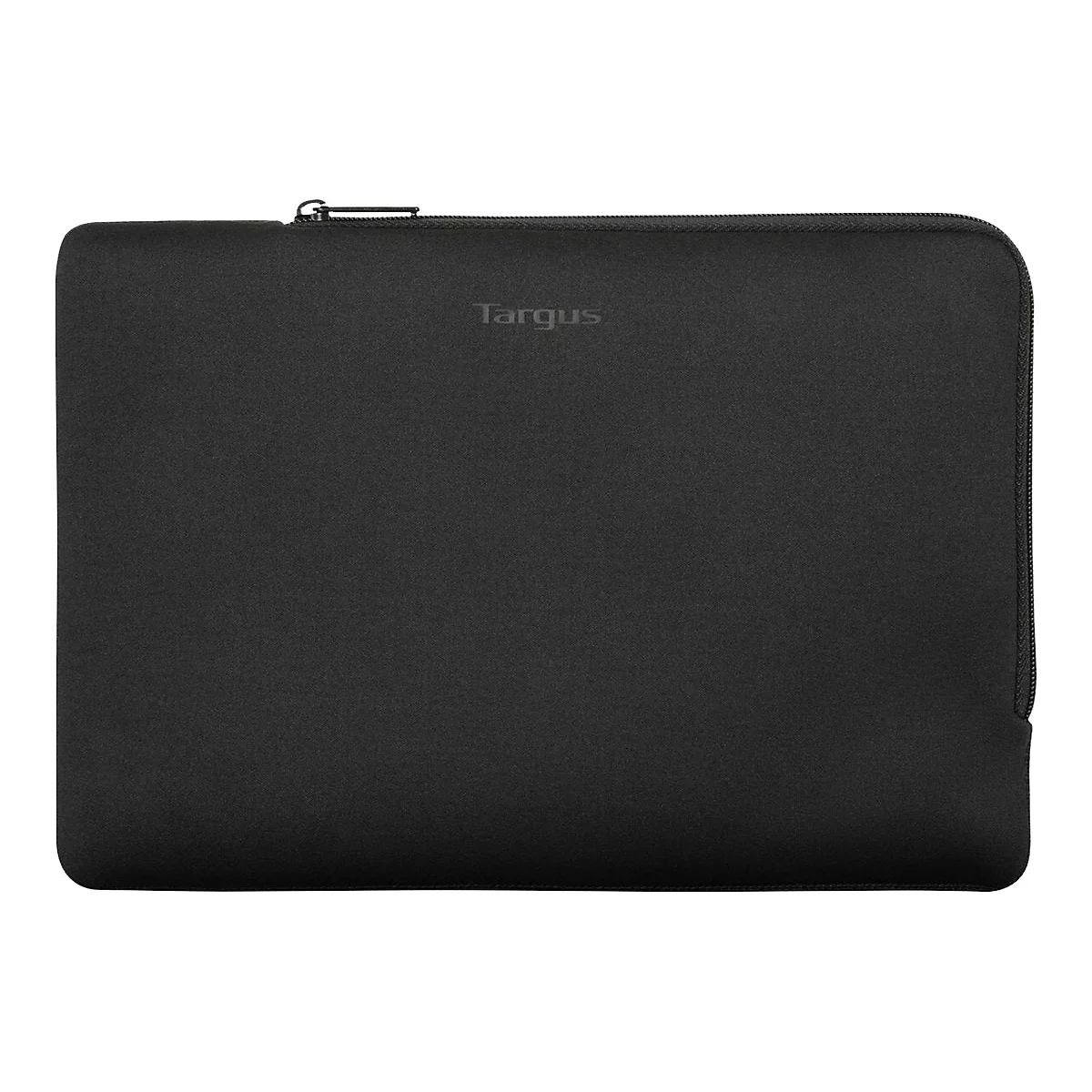Schwarze Targus Laptoptasche im Querformat mit Reißverschluss vor weißem Hintergrund.