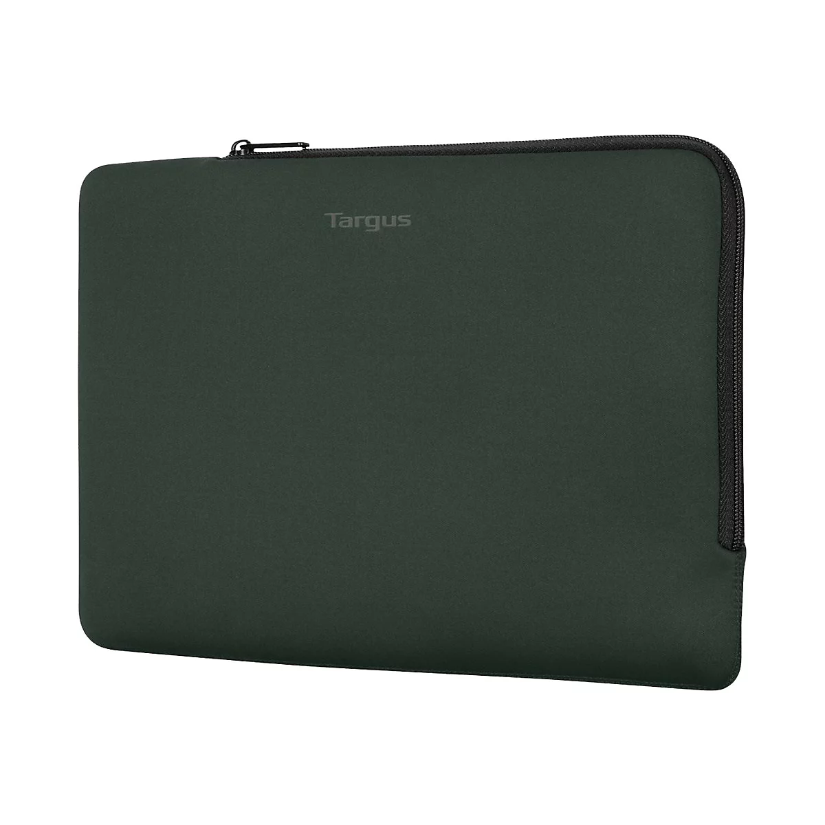 Dunkelgrüne Laptoptasche mit Reißverschluss, Markenlogo 'Targus'.