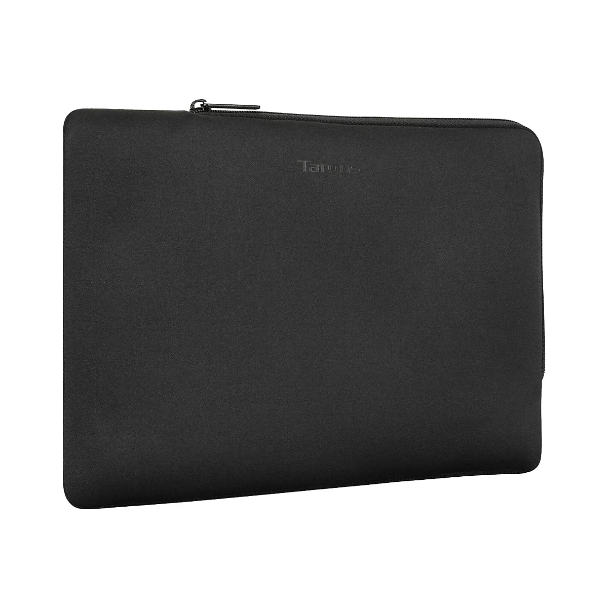 Schwarze Targus Laptoptasche mit Reißverschluss vor neutralem Hintergrund.