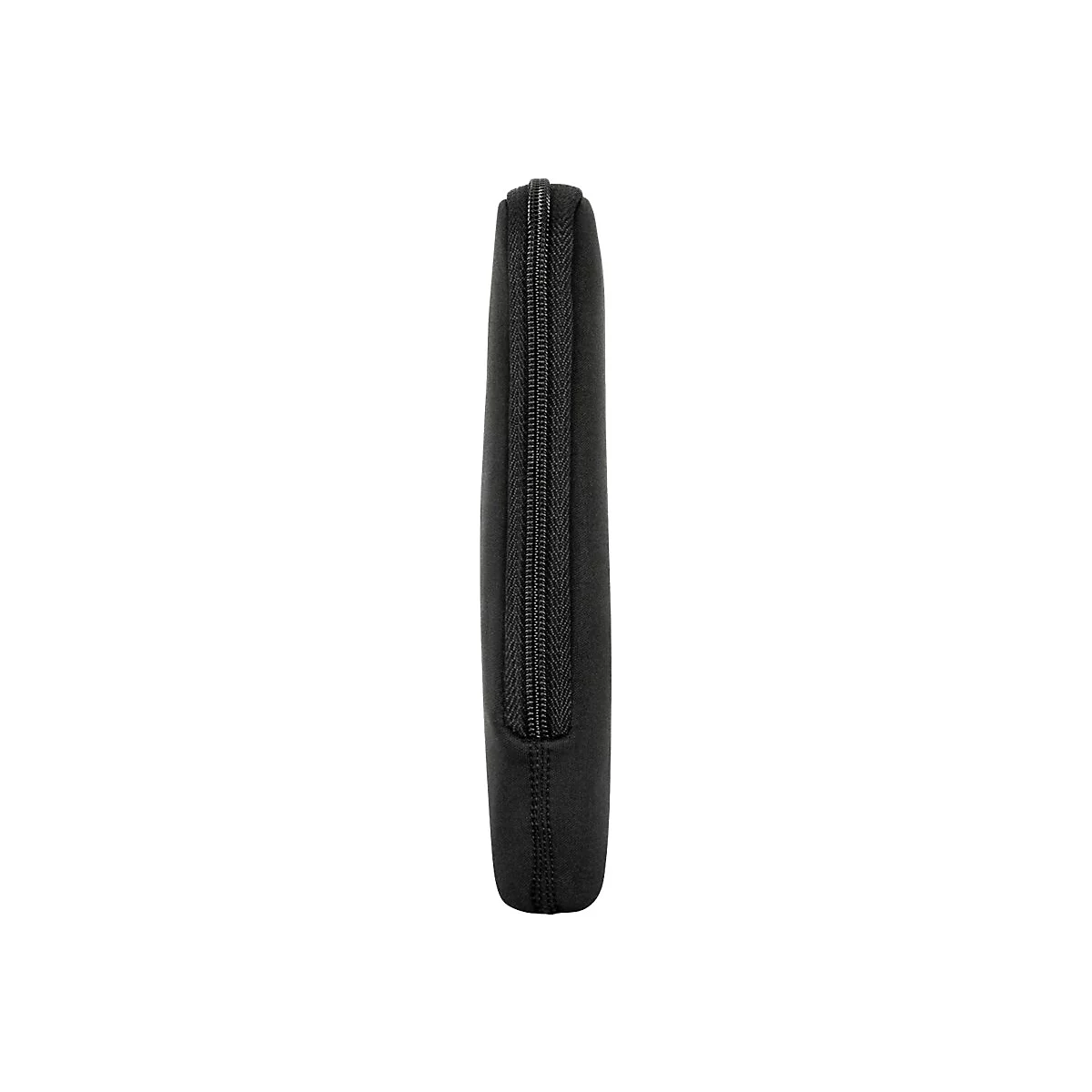Seitliche Ansicht einer schmalen, schwarzen Neopren-Schutzhülle für Laptops mit einem mittig verlaufenden Reißverschluss.