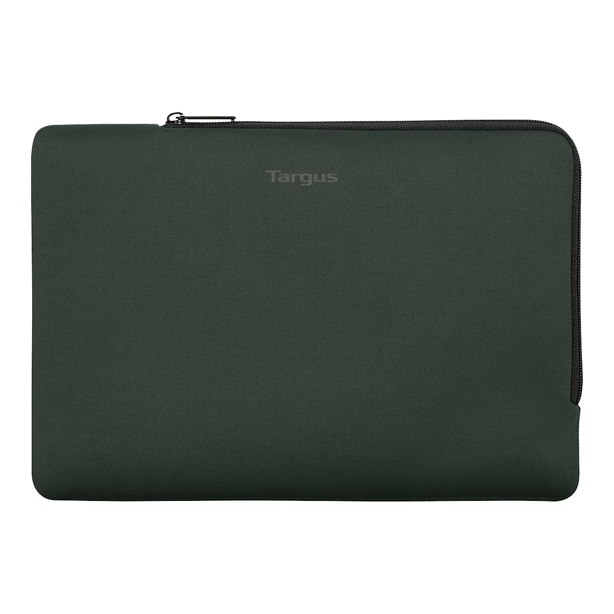 Dunkelgrüne Targus-Laptoptasche, Reißverschluss oben, grauer Schriftzug. Neutraler Hintergrund.