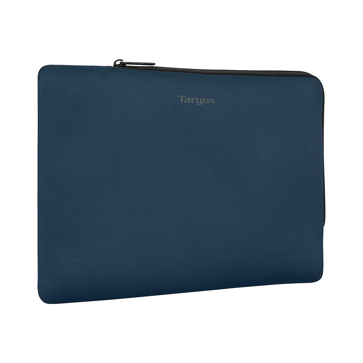 Dunkelblaues Targus-Laptop-Etui. Reißverschluss oben, Markenlogo rechts oben.