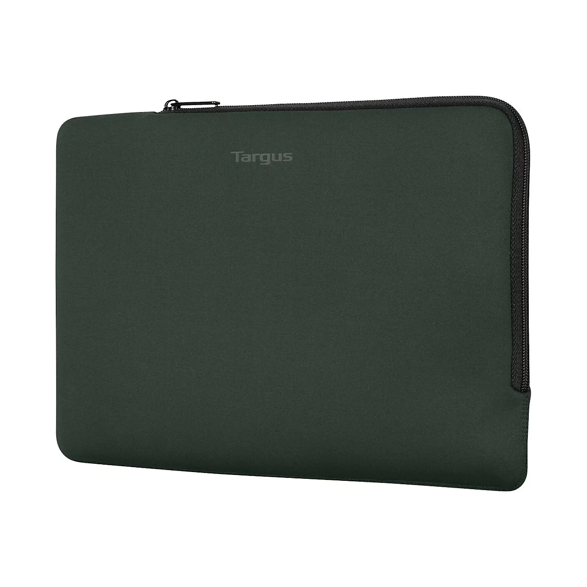 Dunkelgrüne Targus Laptoptasche, mit Reißverschluss und Logo.