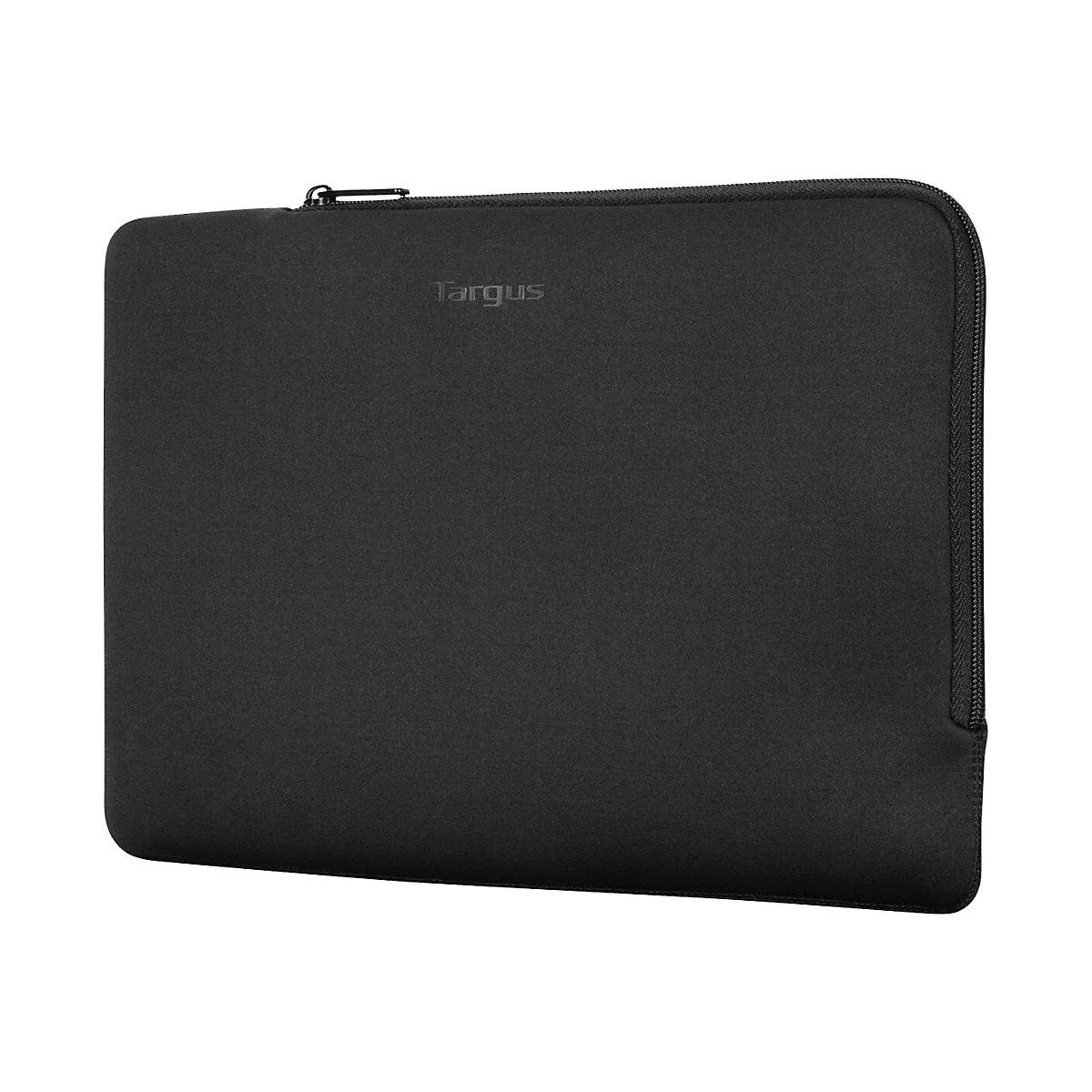 Schwarze Targus Laptophülle aus Neopren vor weißem Hintergrund.