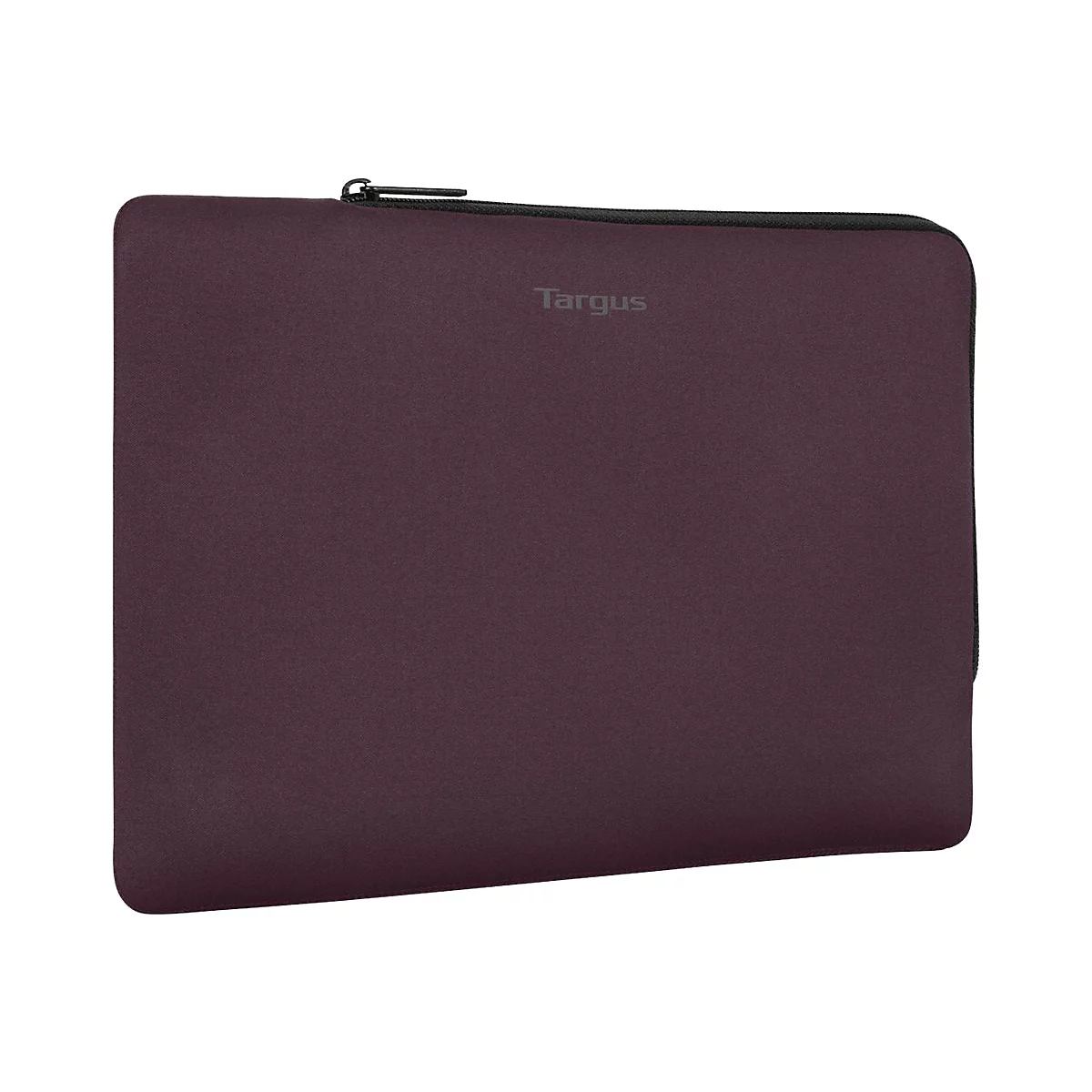 Burgunderfarbene Targus-Laptoptasche, Reißverschluss oben. Auf der Tasche ist der Markenname zu sehen.