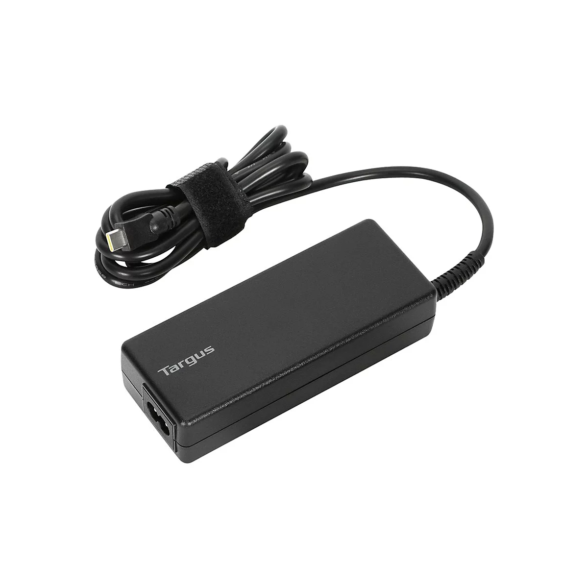 Schwarzes Laptop-Netzteil mit Kabel und Klettverschluss.