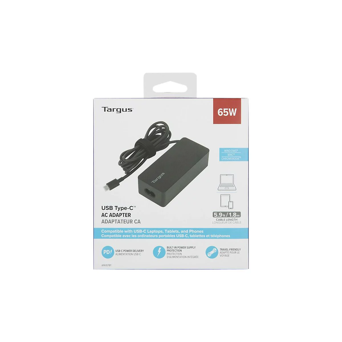 Schwarzes Targus USB-C AC-Adapter-Set mit 65W Leistung. Das Set ist auf einer weissen Verpackung vor neutralem Hintergrund abgebildet.