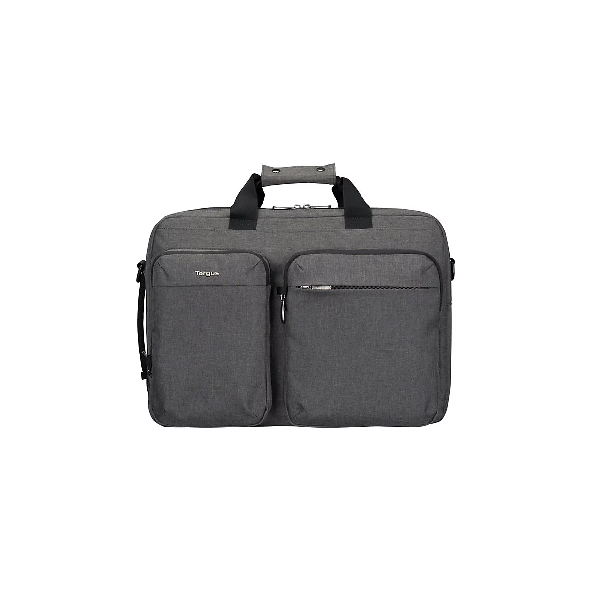 Graue Laptoptasche mit zwei Fronttaschen und Griffen. Auf einer Tasche steht „Targus“.