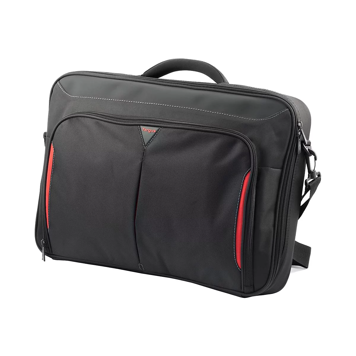 Sacoche pour ordinateur portable noir avec bordure rouge et poignée. Nom de la marque Targus visible.