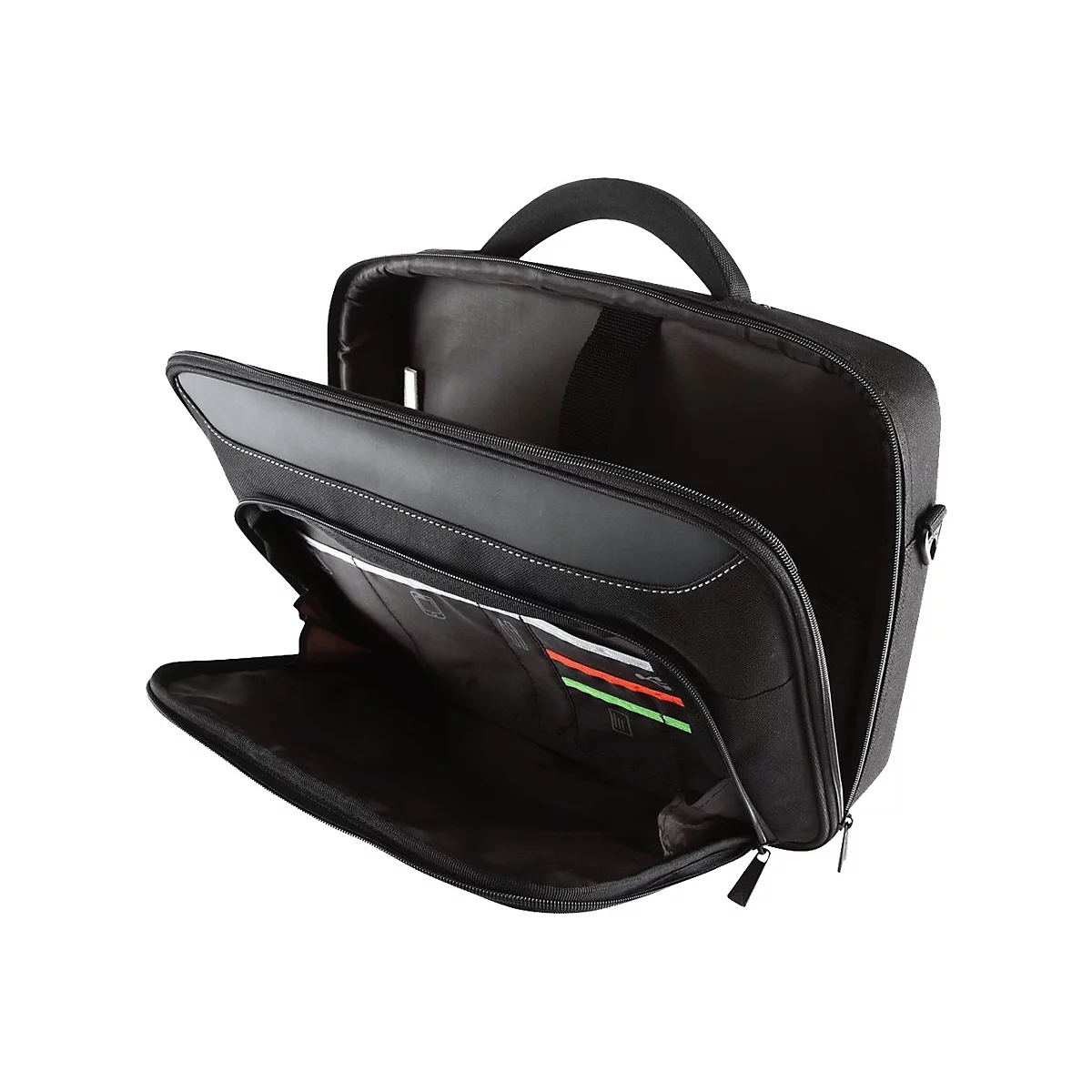 Sac d'ordinateur portable noir, ouvert, avec plusieurs compartiments et une poignée. Cartes et stylos sont visibles à l'intérieur.