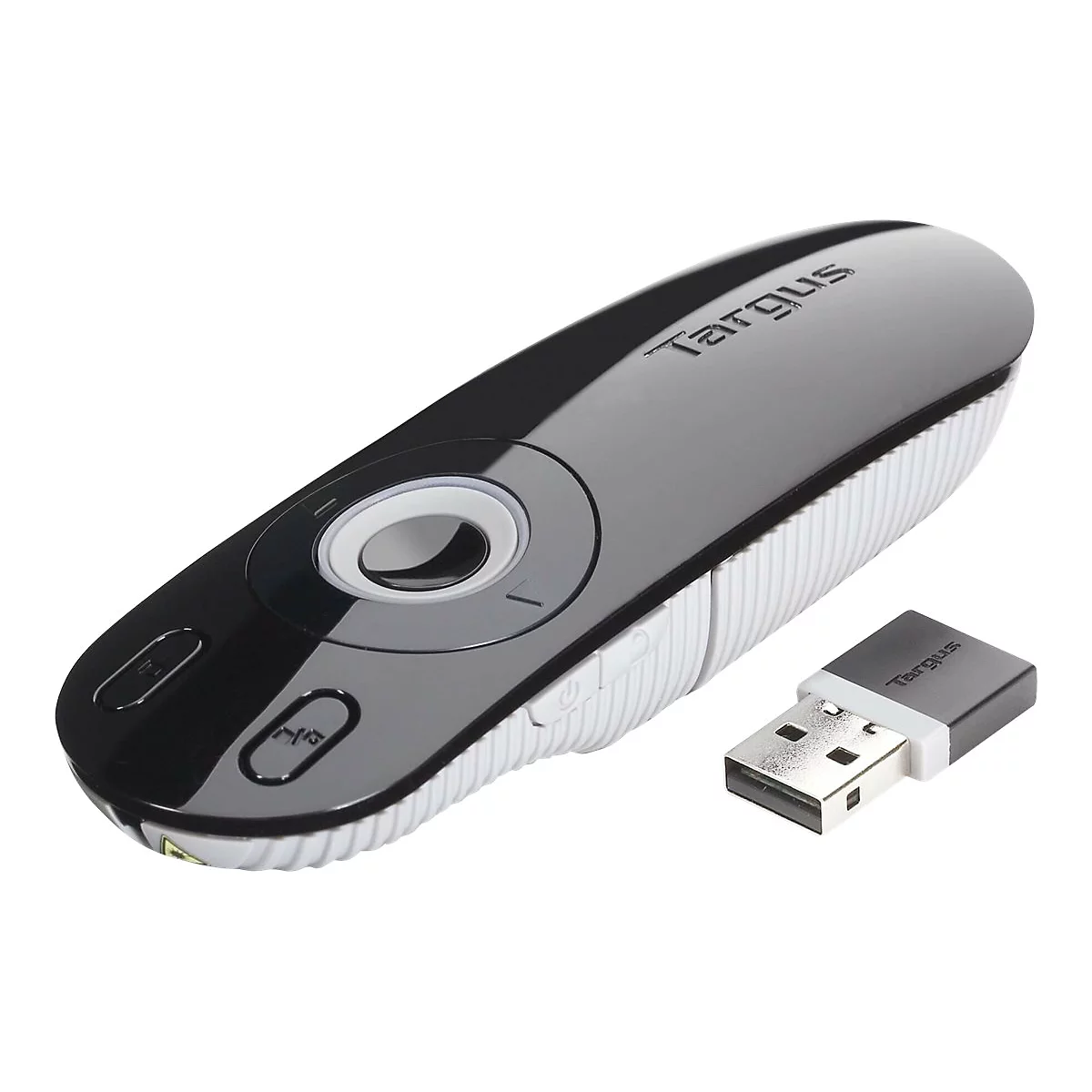 Schwarzer Targus Präsentations-Pointer mit weißem USB-Empfänger auf weißem Hintergrund.